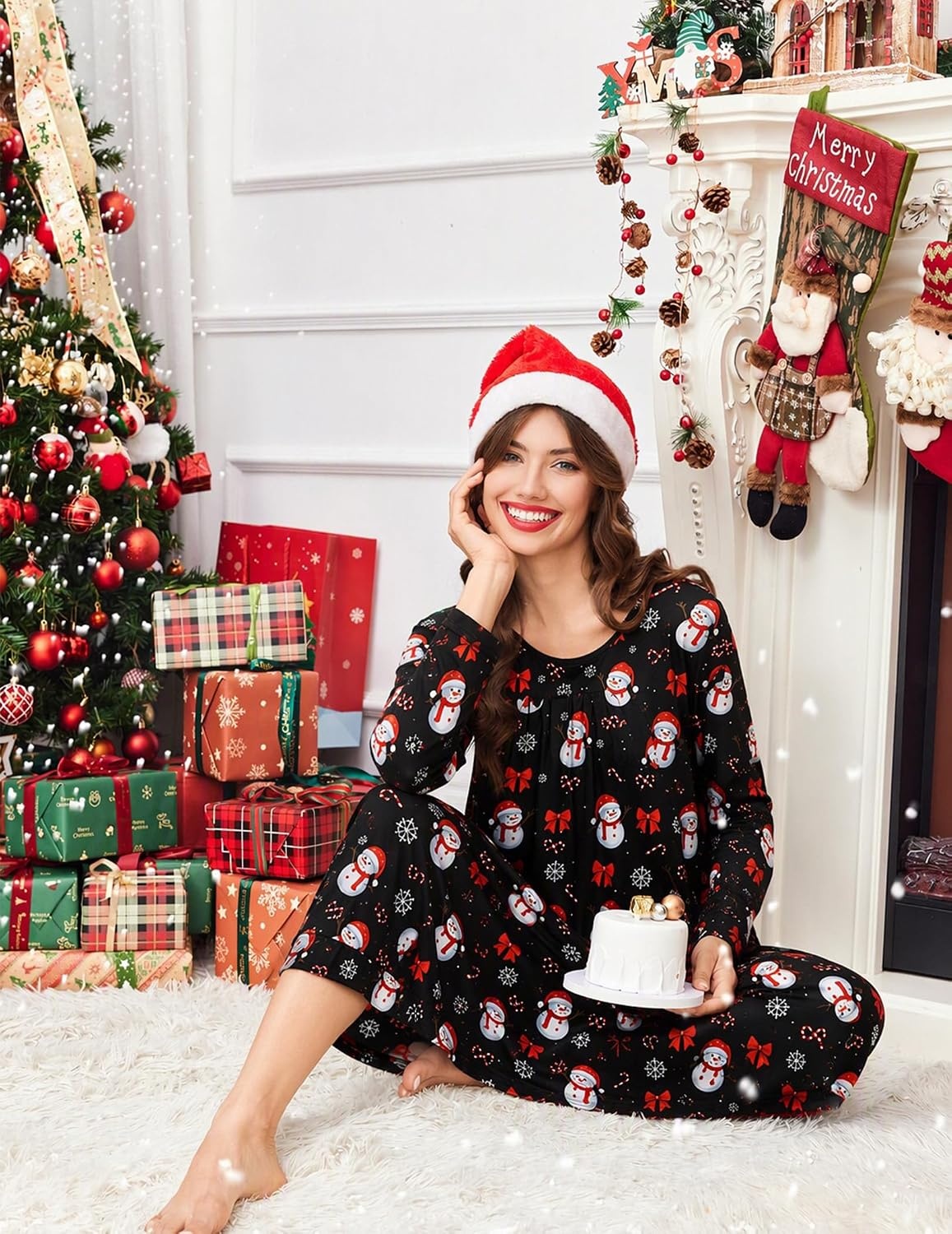 image:imageEkouaer Womens Long Sleeve Nightgowns Full Length Sleep Dress SleepshirtsChristmas Snowman