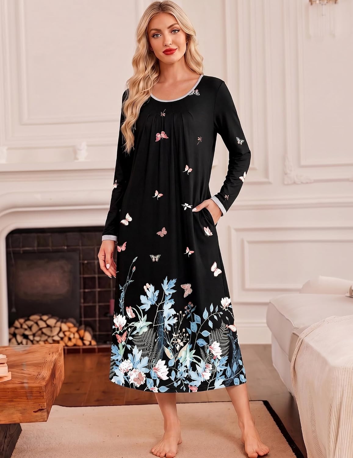 image:imageEkouaer Womens Long Sleeve Nightgowns Full Length Sleep Dress SleepshirtsFloral Butterfly