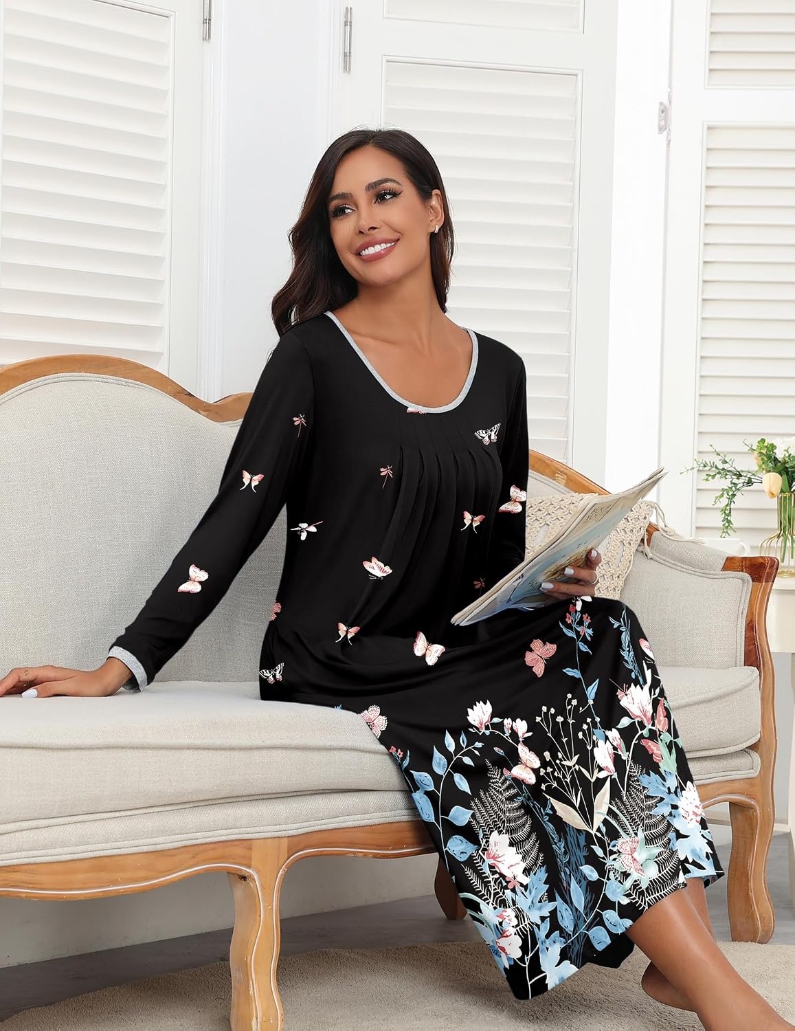 image:imageEkouaer Womens Long Sleeve Nightgowns Full Length Sleep Dress SleepshirtsFloral Butterfly