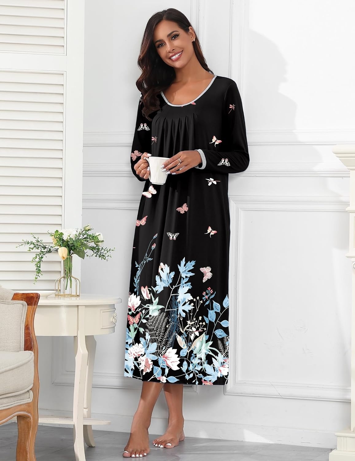 image:imageEkouaer Womens Long Sleeve Nightgowns Full Length Sleep Dress SleepshirtsFloral Butterfly