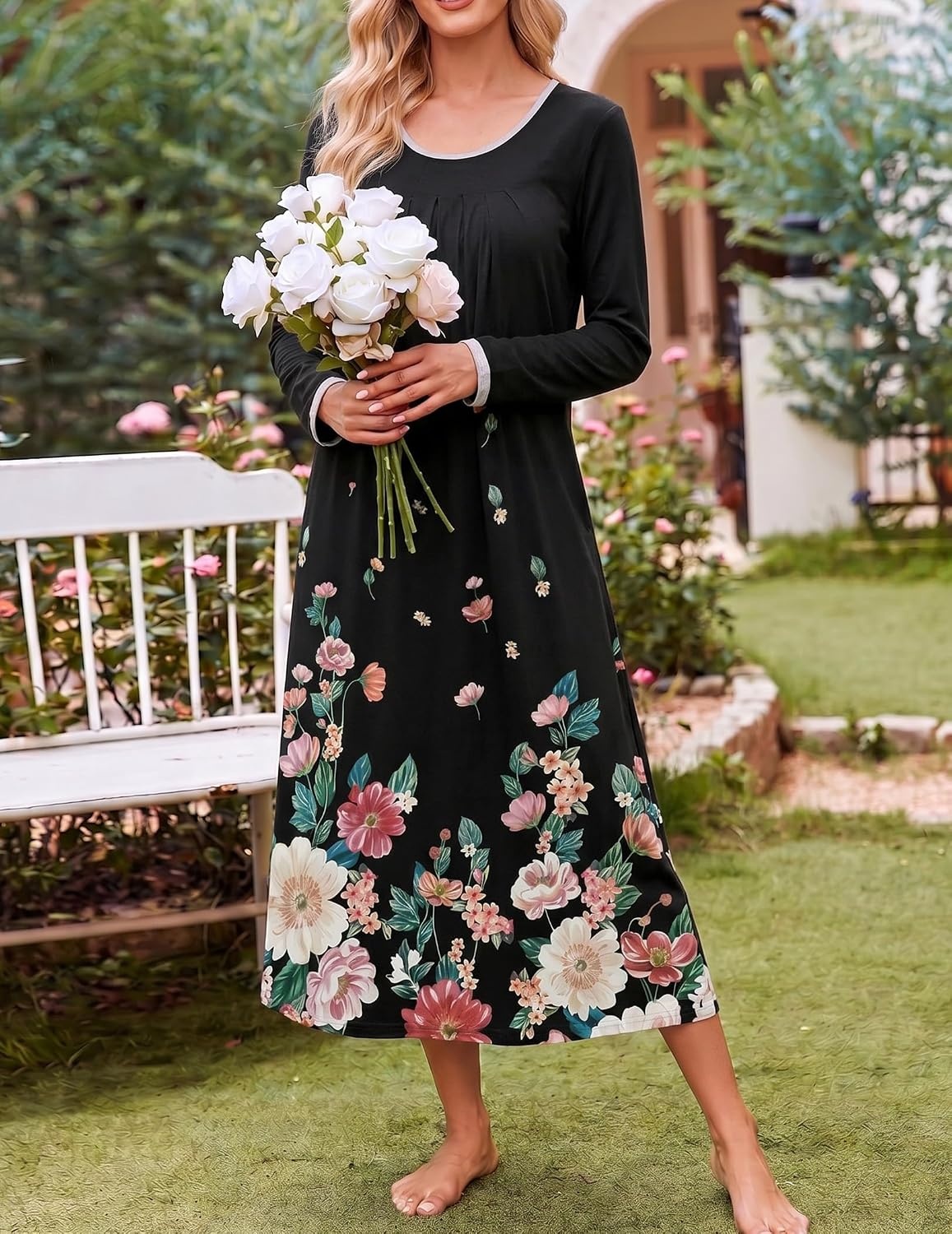 image:imageEkouaer Womens Long Sleeve Nightgowns Full Length Sleep Dress SleepshirtsFloral Butterfly