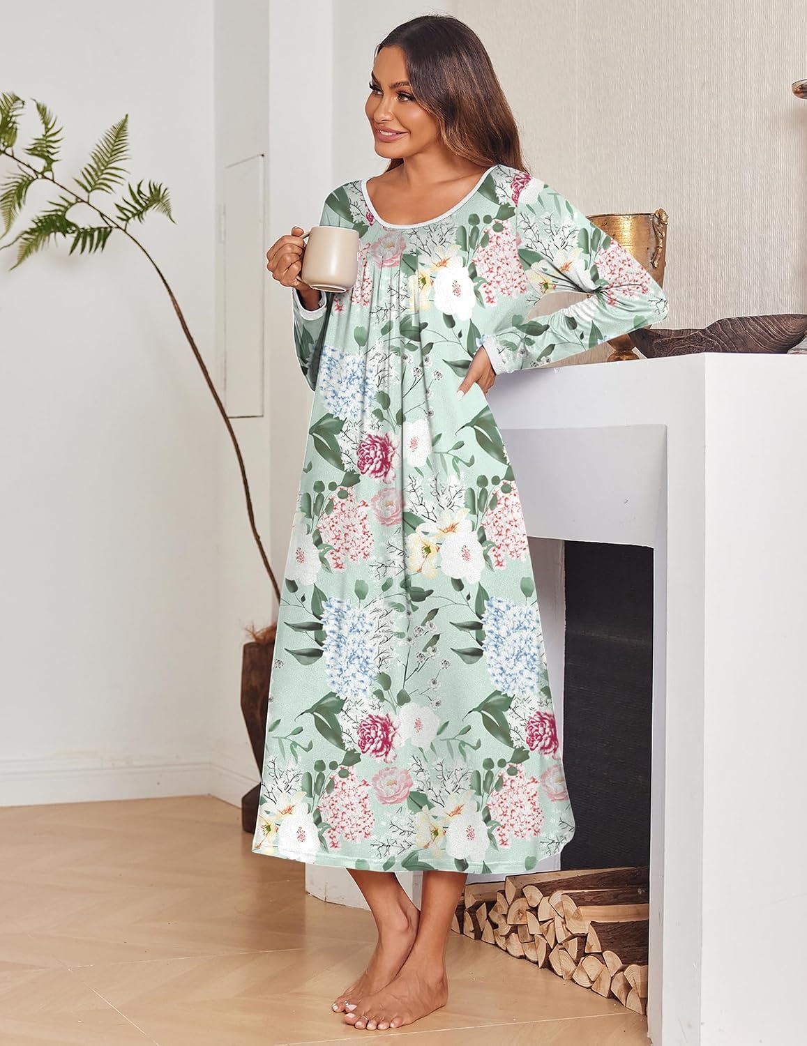 image:imageEkouaer Womens Long Sleeve Nightgowns Full Length Sleep Dress SleepshirtsFloral Green