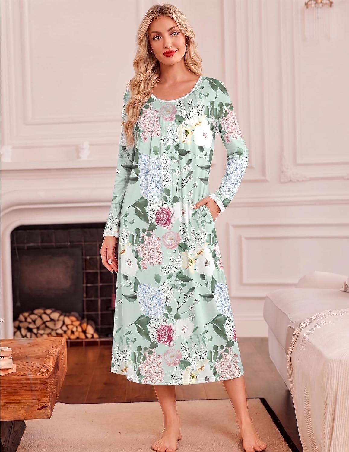 image:imageEkouaer Womens Long Sleeve Nightgowns Full Length Sleep Dress SleepshirtsFloral Green