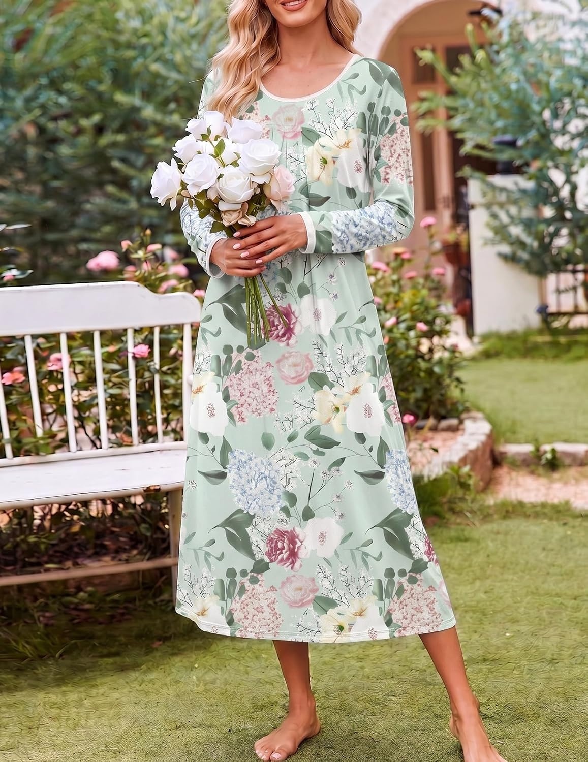 image:imageEkouaer Womens Long Sleeve Nightgowns Full Length Sleep Dress SleepshirtsFloral Green