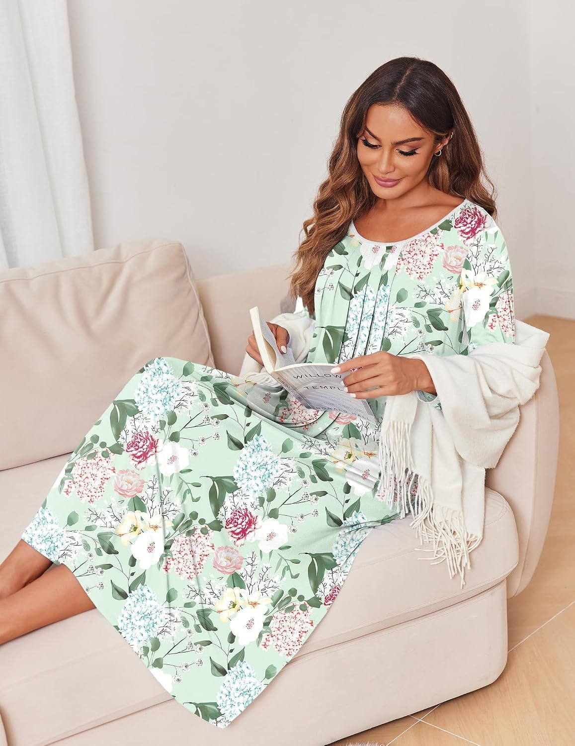 image:imageEkouaer Womens Long Sleeve Nightgowns Full Length Sleep Dress SleepshirtsFloral Green