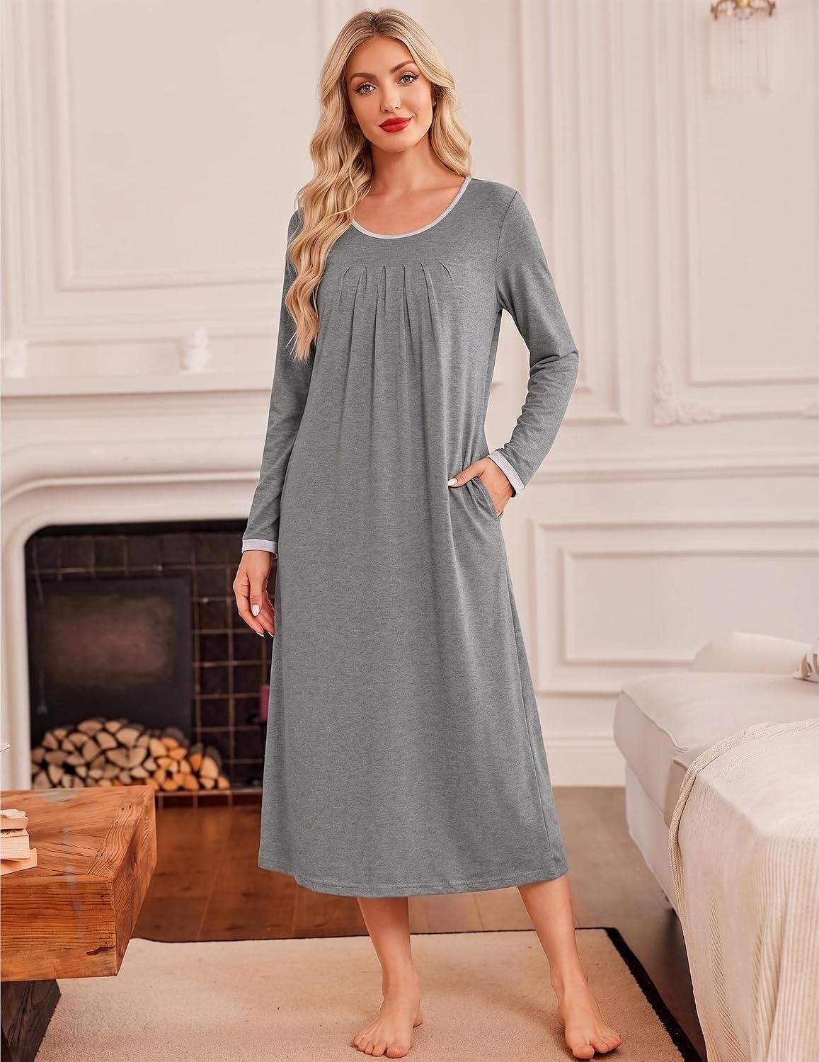 image:imageEkouaer Womens Long Sleeve Nightgowns Full Length Sleep Dress SleepshirtsGrey