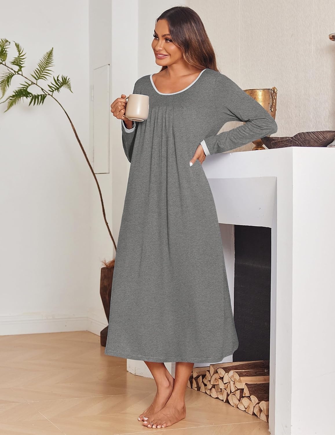 image:imageEkouaer Womens Long Sleeve Nightgowns Full Length Sleep Dress SleepshirtsGrey