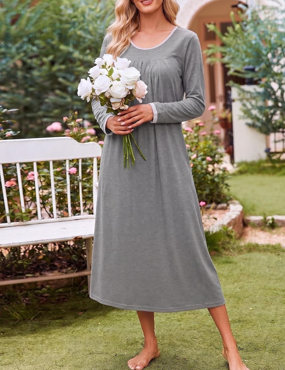 image:imageEkouaer Womens Long Sleeve Nightgowns Full Length Sleep Dress SleepshirtsGrey