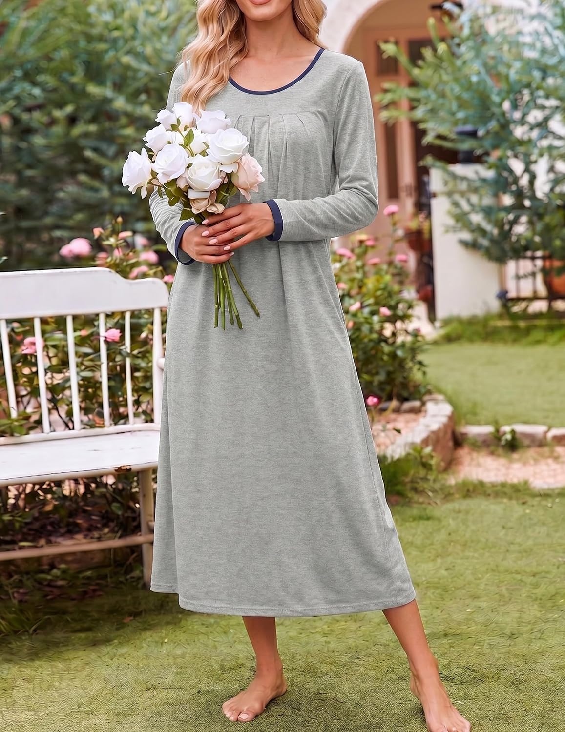 image:imageEkouaer Womens Long Sleeve Nightgowns Full Length Sleep Dress SleepshirtsLight Grey