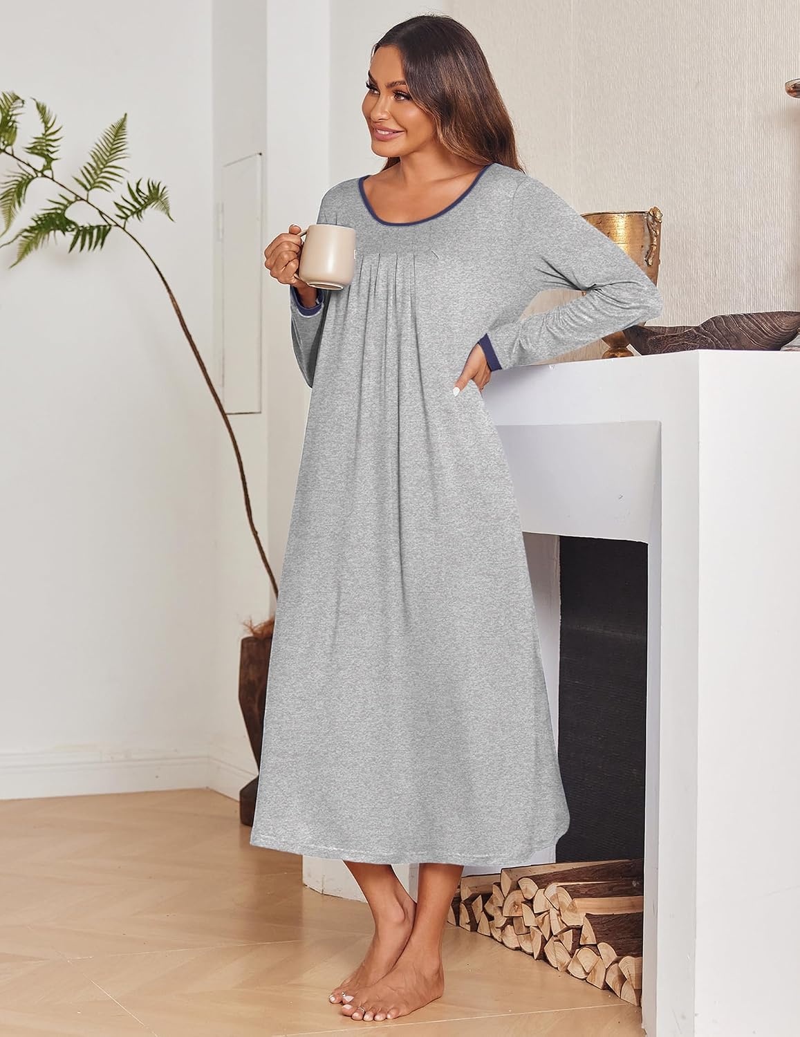 image:imageEkouaer Womens Long Sleeve Nightgowns Full Length Sleep Dress SleepshirtsLight Grey