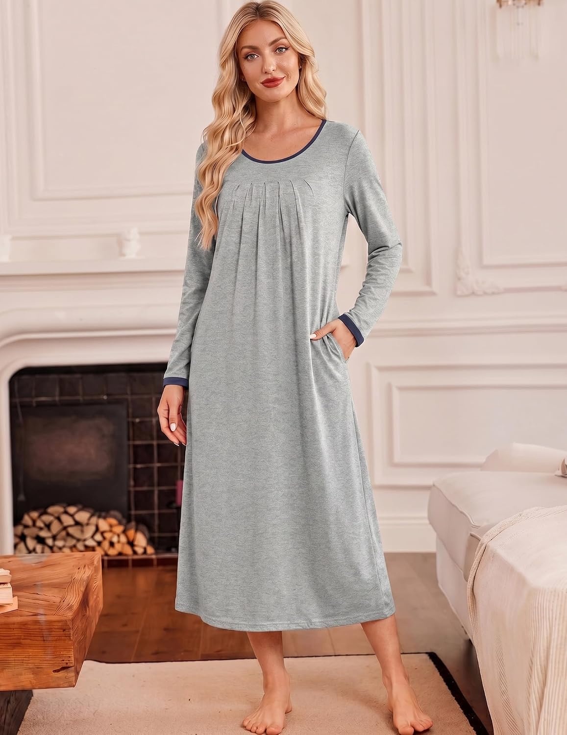 image:imageEkouaer Womens Long Sleeve Nightgowns Full Length Sleep Dress SleepshirtsLight Grey