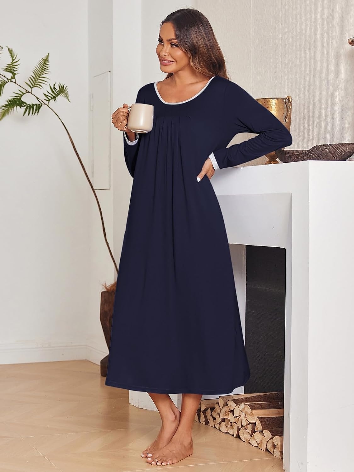 image:imageEkouaer Womens Long Sleeve Nightgowns Full Length Sleep Dress SleepshirtsNavy Blue