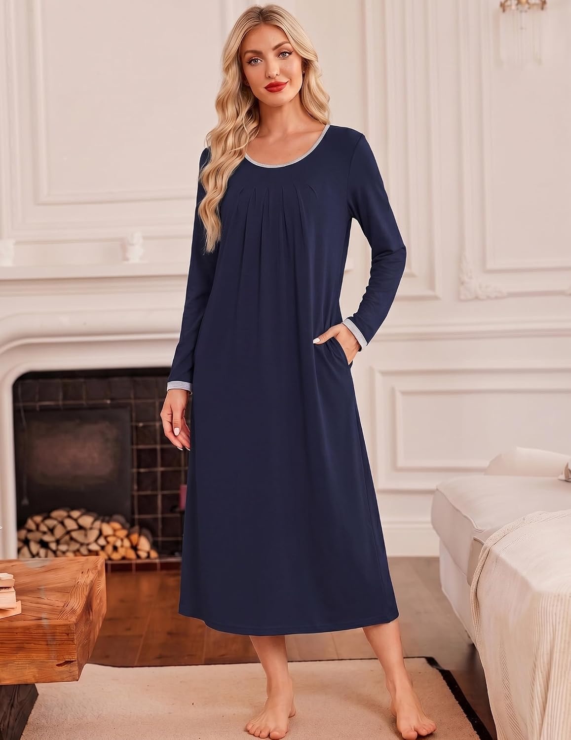 image:imageEkouaer Womens Long Sleeve Nightgowns Full Length Sleep Dress SleepshirtsNavy Blue