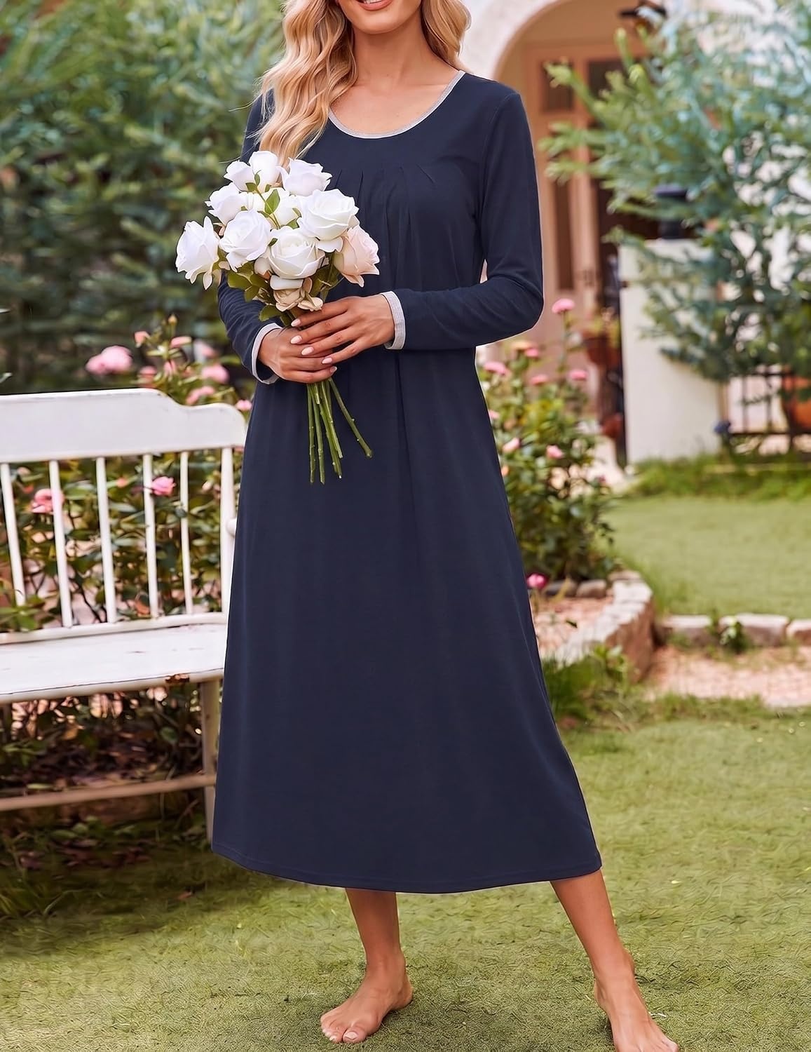 image:imageEkouaer Womens Long Sleeve Nightgowns Full Length Sleep Dress SleepshirtsNavy Blue