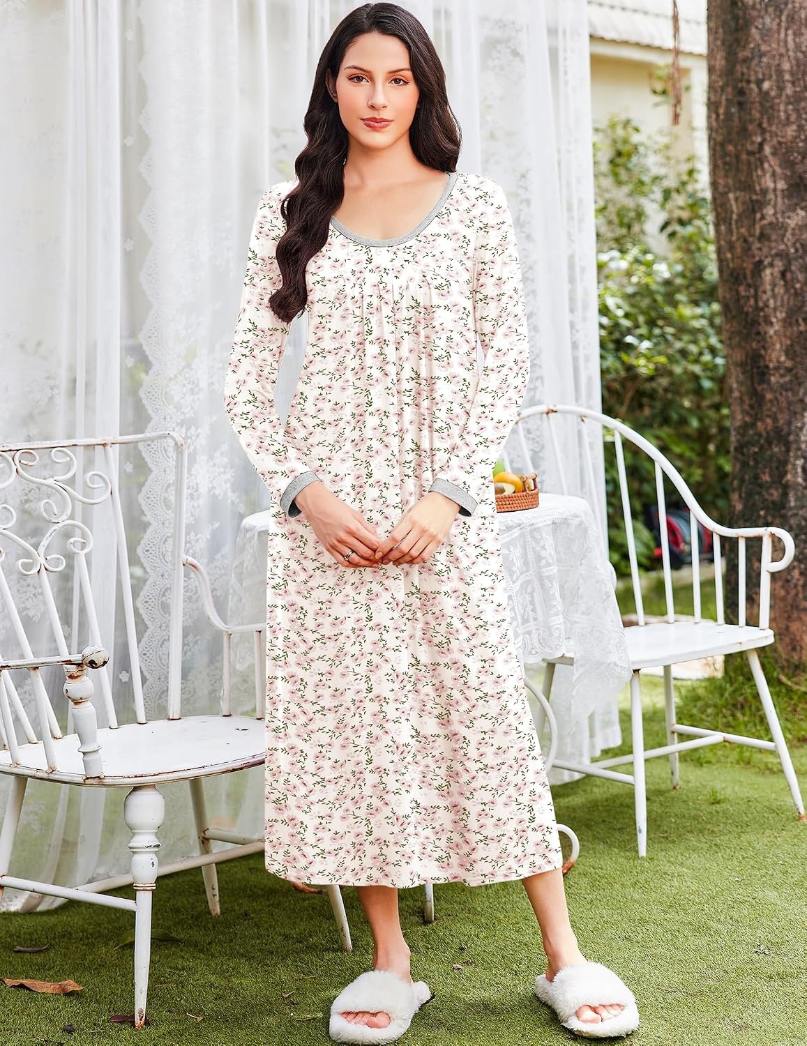 image:imageEkouaer Womens Long Sleeve Nightgowns Full Length Sleep Dress SleepshirtsPink Flowers
