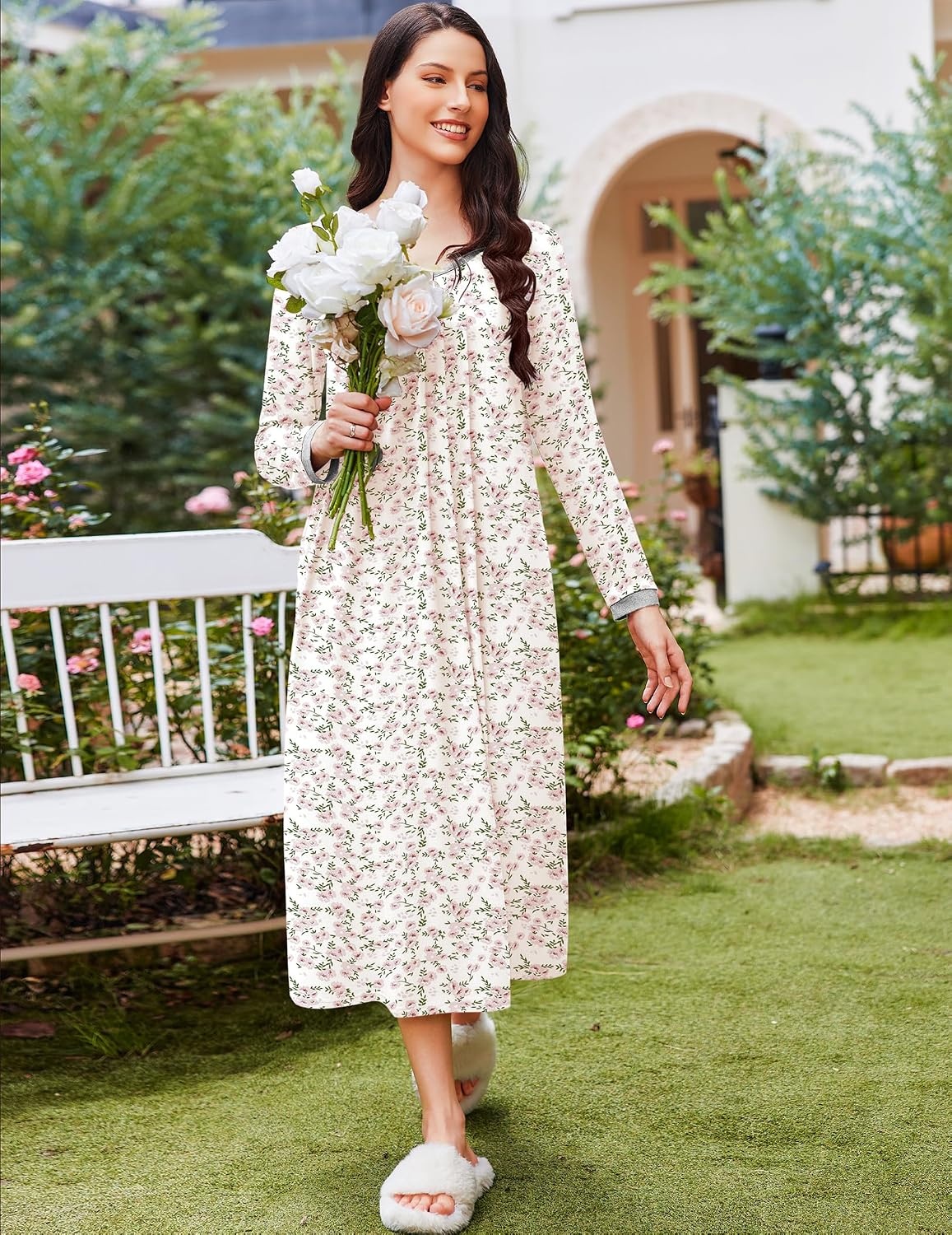 image:imageEkouaer Womens Long Sleeve Nightgowns Full Length Sleep Dress SleepshirtsPink Flowers
