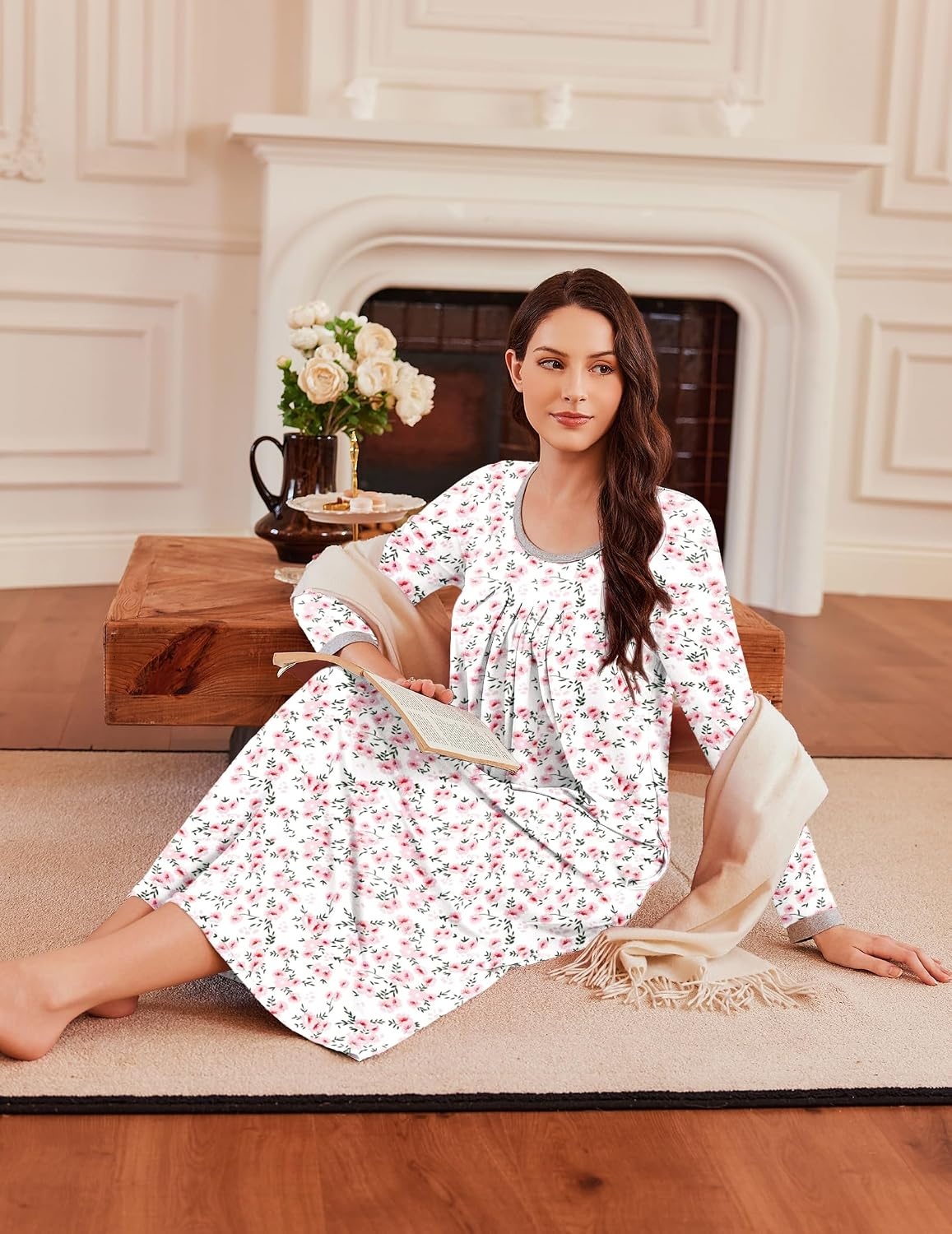 image:imageEkouaer Womens Long Sleeve Nightgowns Full Length Sleep Dress SleepshirtsPink Flowers