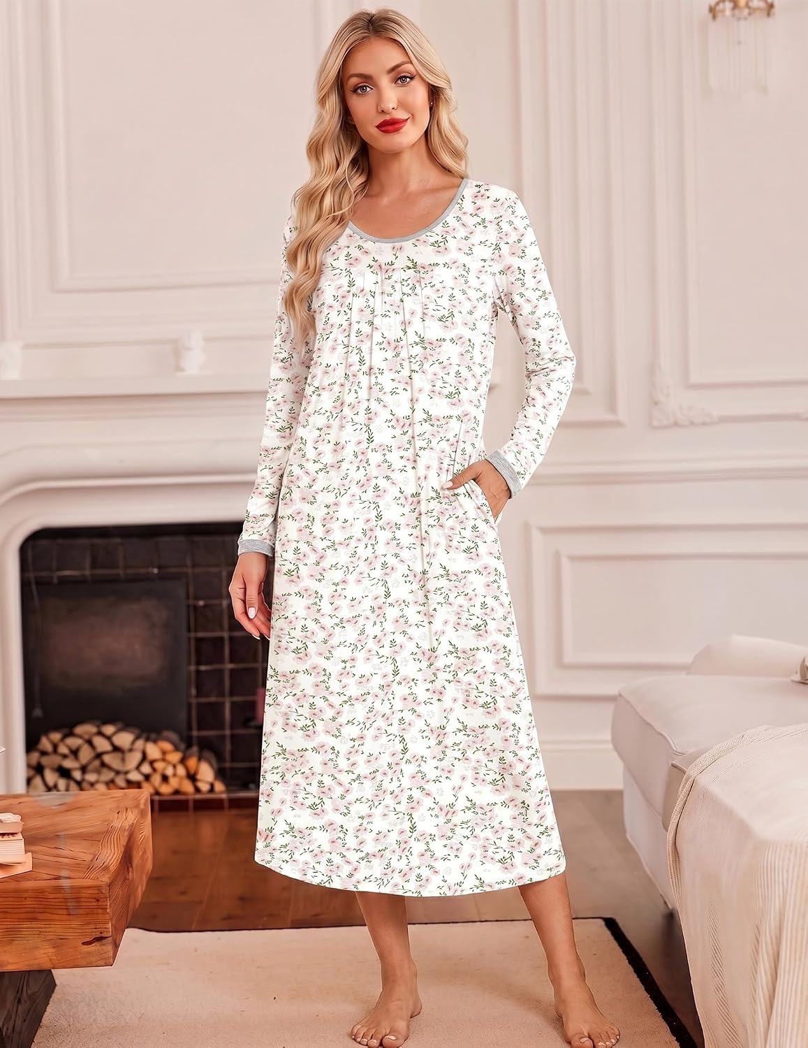 image:imageEkouaer Womens Long Sleeve Nightgowns Full Length Sleep Dress SleepshirtsPink Flowers
