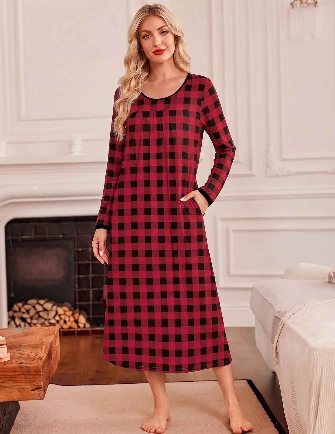 image:imageEkouaer Womens Long Sleeve Nightgowns Full Length Sleep Dress SleepshirtsPlaid