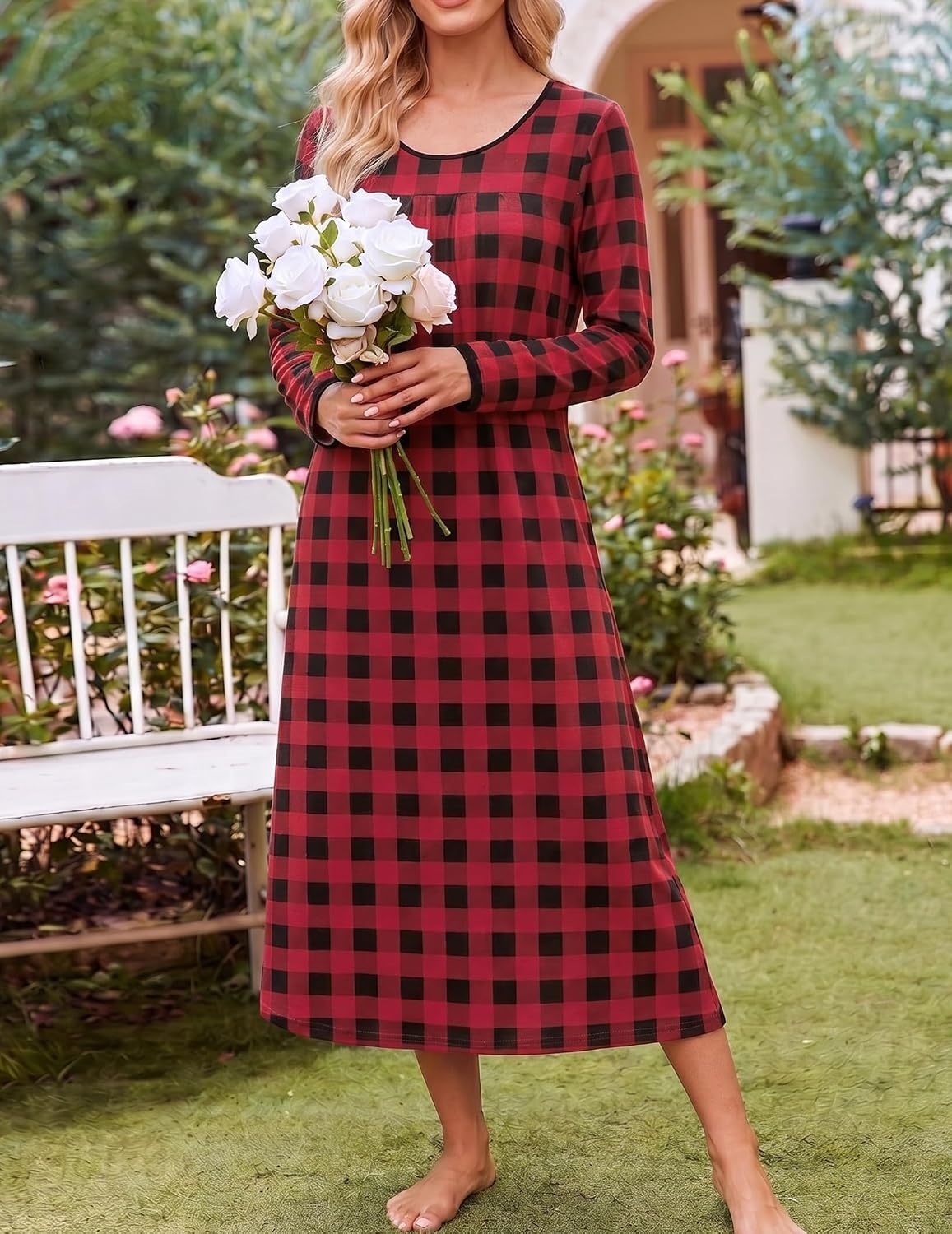 image:imageEkouaer Womens Long Sleeve Nightgowns Full Length Sleep Dress SleepshirtsPlaid