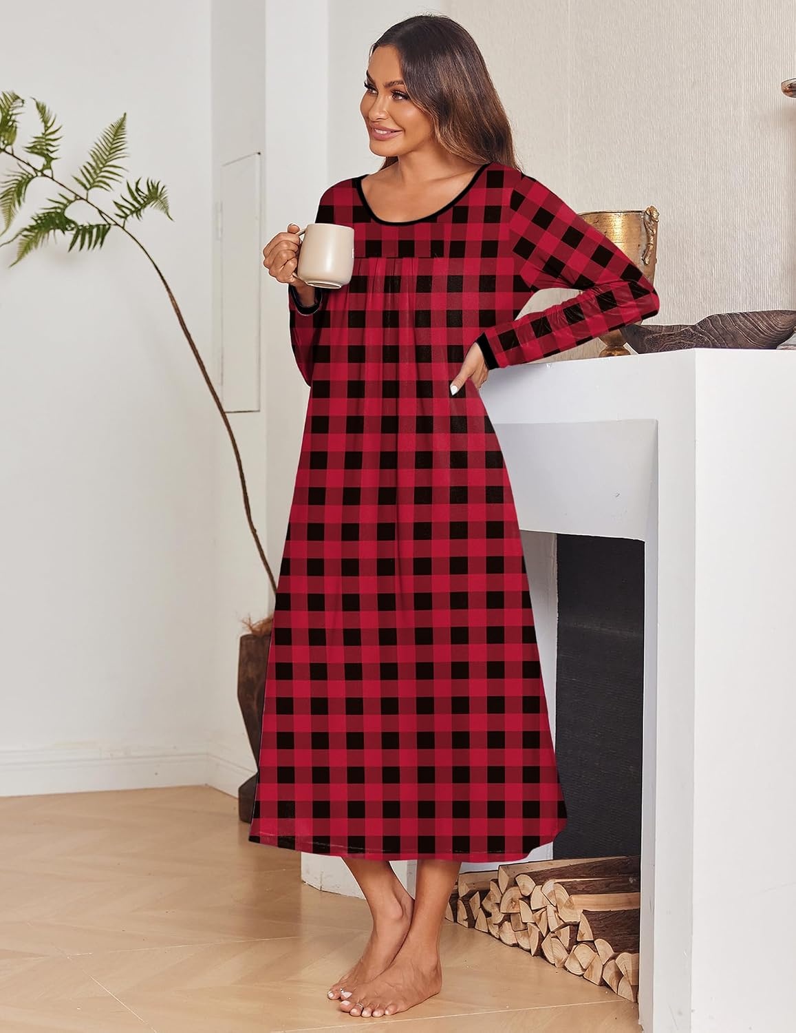 image:imageEkouaer Womens Long Sleeve Nightgowns Full Length Sleep Dress SleepshirtsPlaid