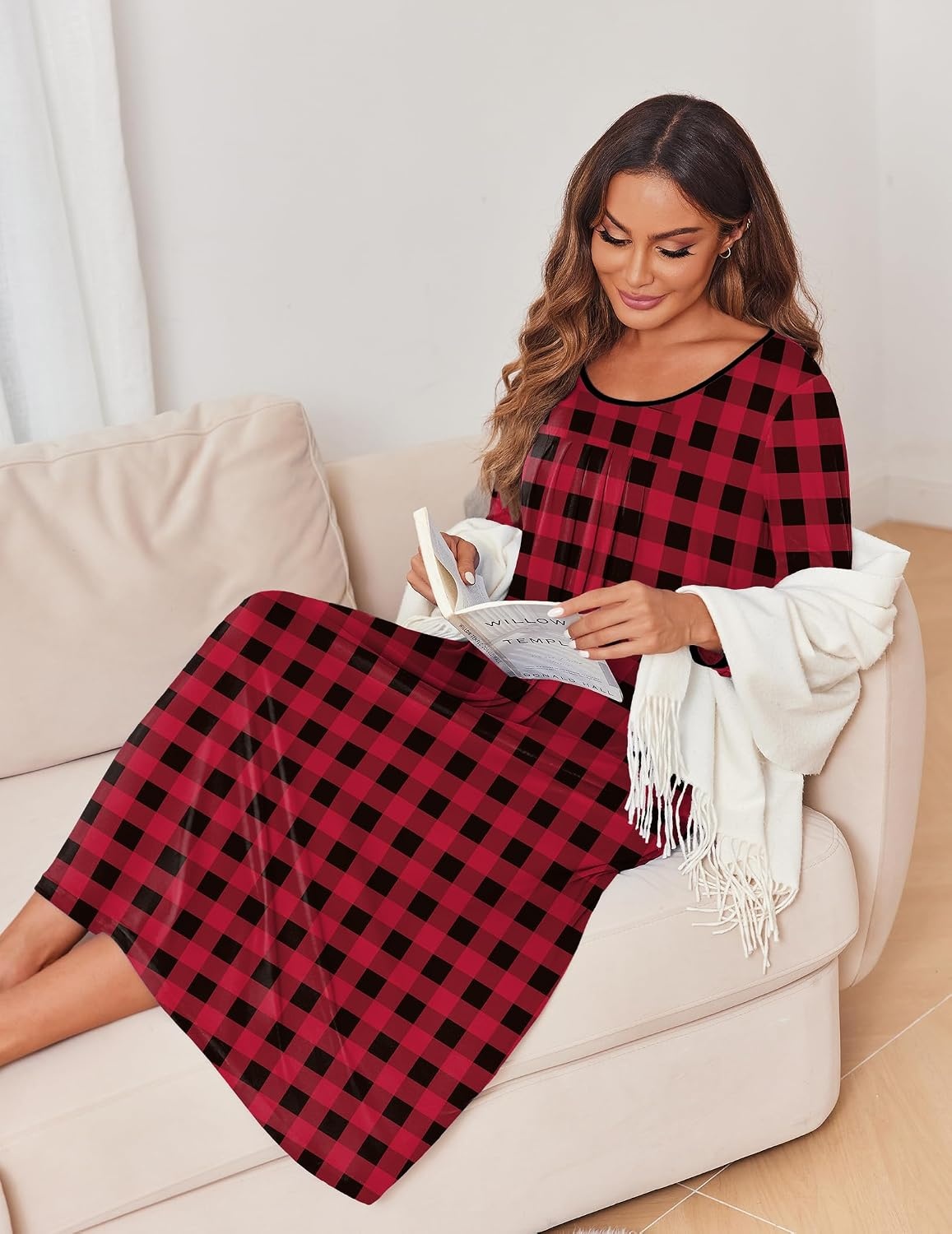 image:imageEkouaer Womens Long Sleeve Nightgowns Full Length Sleep Dress SleepshirtsPlaid