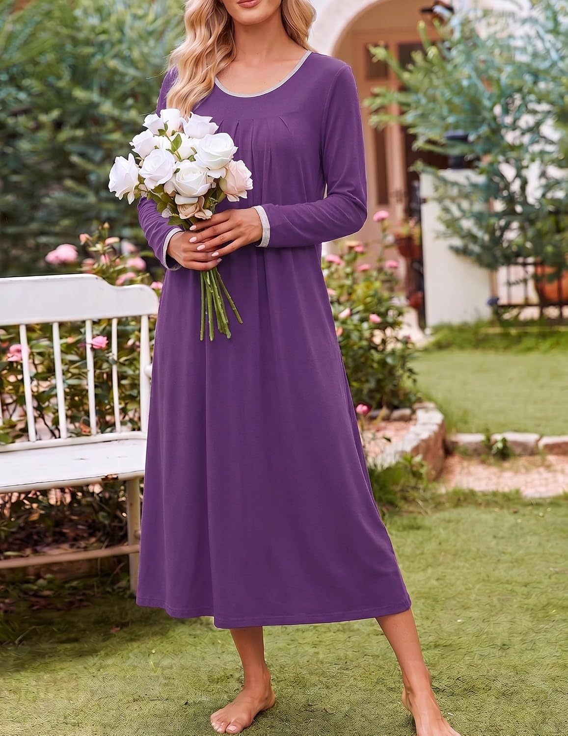 image:imageEkouaer Womens Long Sleeve Nightgowns Full Length Sleep Dress SleepshirtsPurple