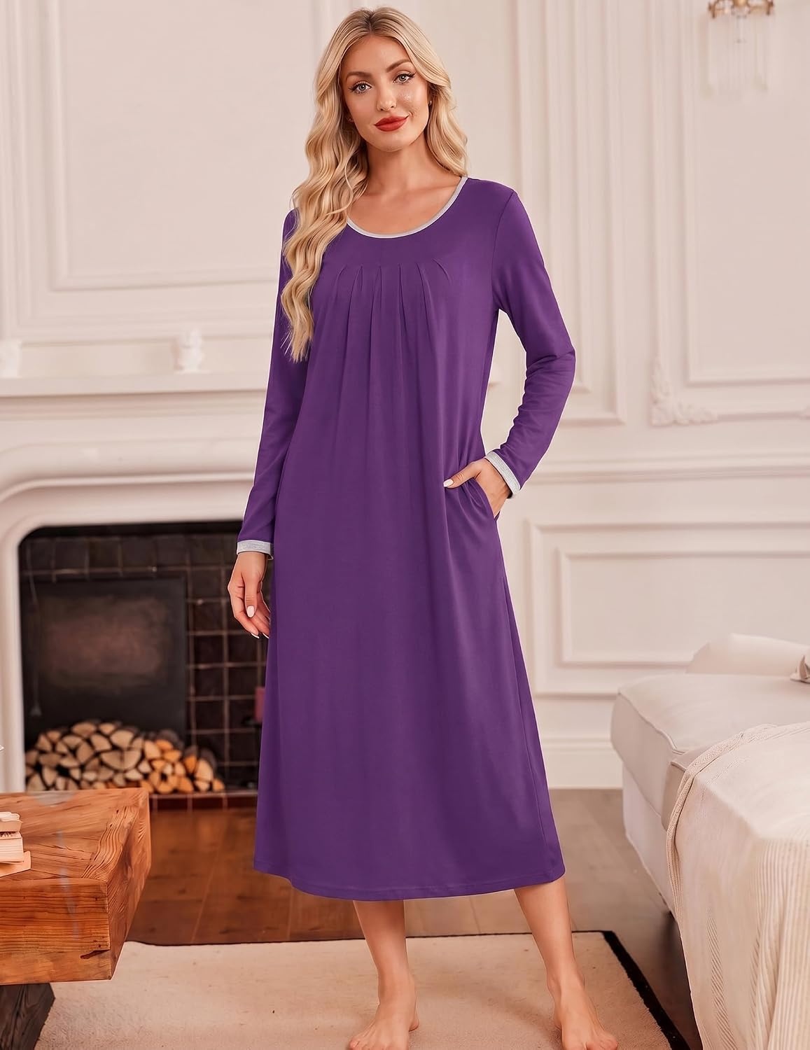 image:imageEkouaer Womens Long Sleeve Nightgowns Full Length Sleep Dress SleepshirtsPurple