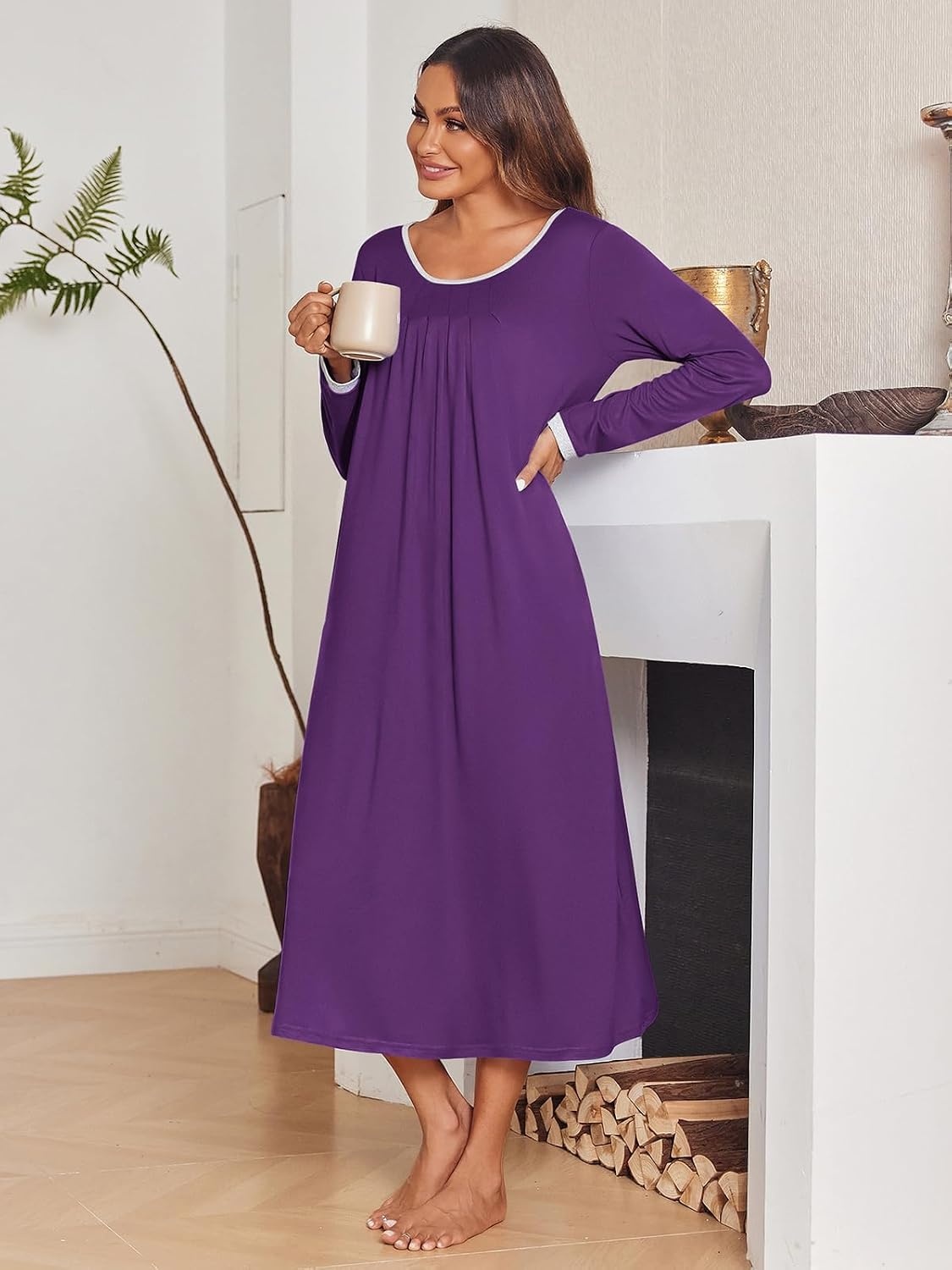 image:imageEkouaer Womens Long Sleeve Nightgowns Full Length Sleep Dress SleepshirtsPurple