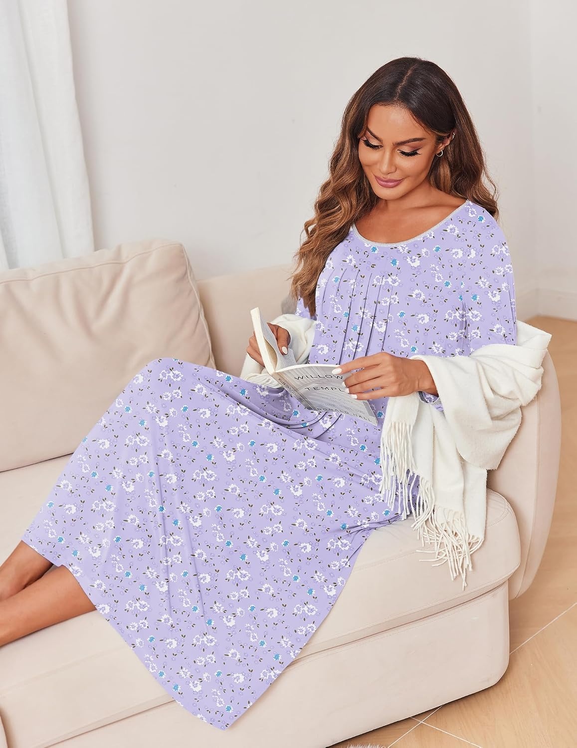 image:imageEkouaer Womens Long Sleeve Nightgowns Full Length Sleep Dress SleepshirtsPurpleBlue Flowers