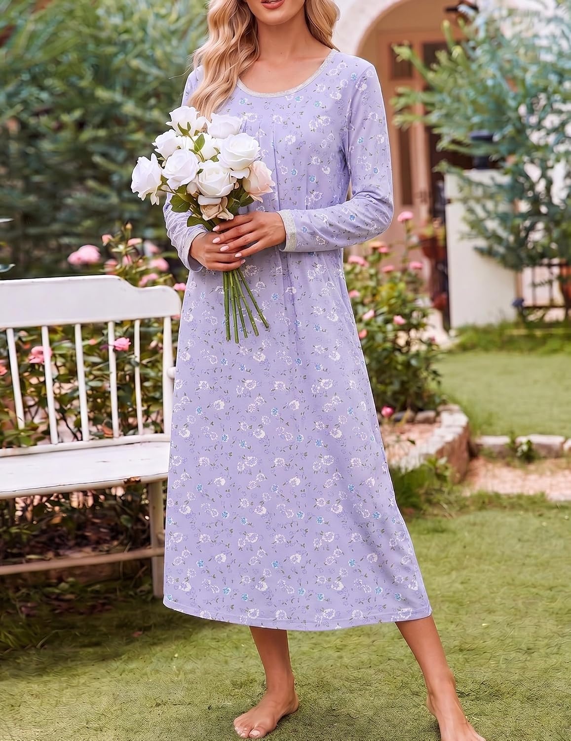 image:imageEkouaer Womens Long Sleeve Nightgowns Full Length Sleep Dress SleepshirtsPurpleBlue Flowers