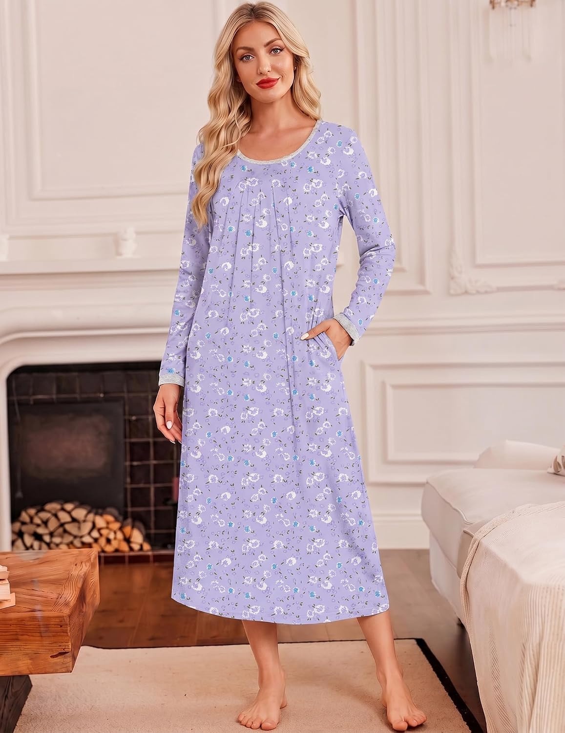 image:imageEkouaer Womens Long Sleeve Nightgowns Full Length Sleep Dress SleepshirtsPurpleBlue Flowers