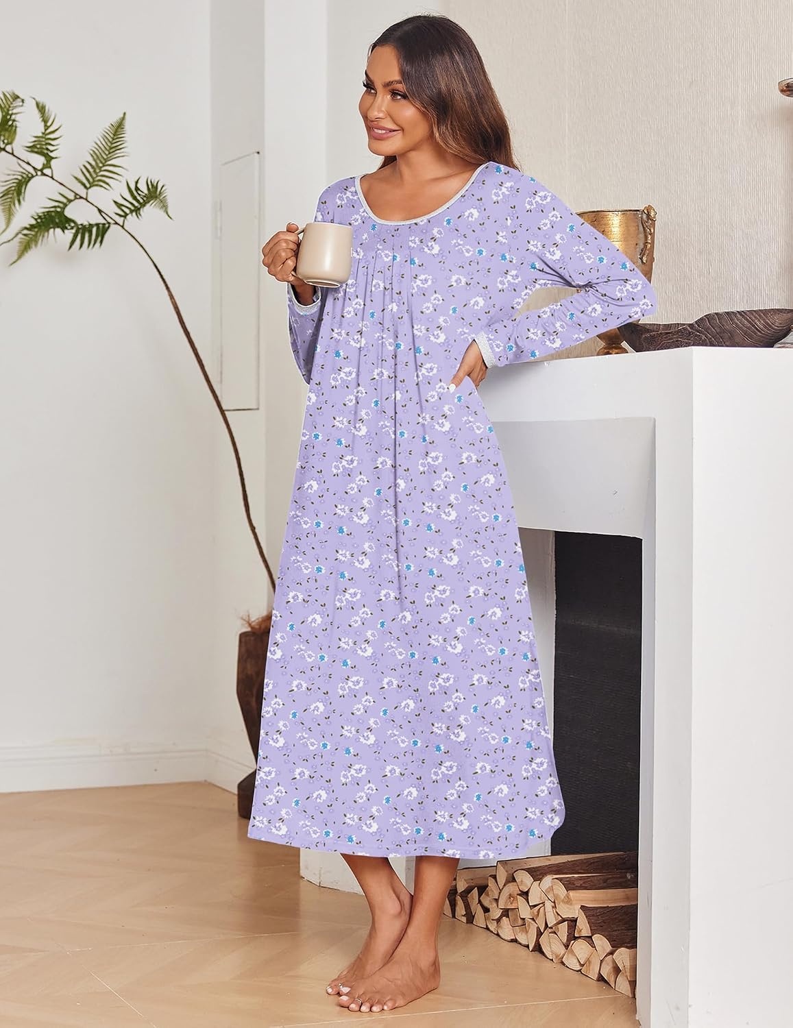 image:imageEkouaer Womens Long Sleeve Nightgowns Full Length Sleep Dress SleepshirtsPurpleBlue Flowers