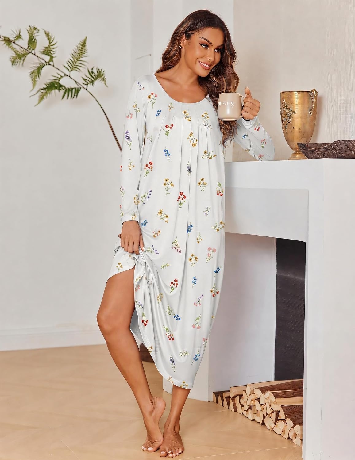 image:imageEkouaer Womens Long Sleeve Nightgowns Full Length Sleep Dress SleepshirtsWhite With Floral