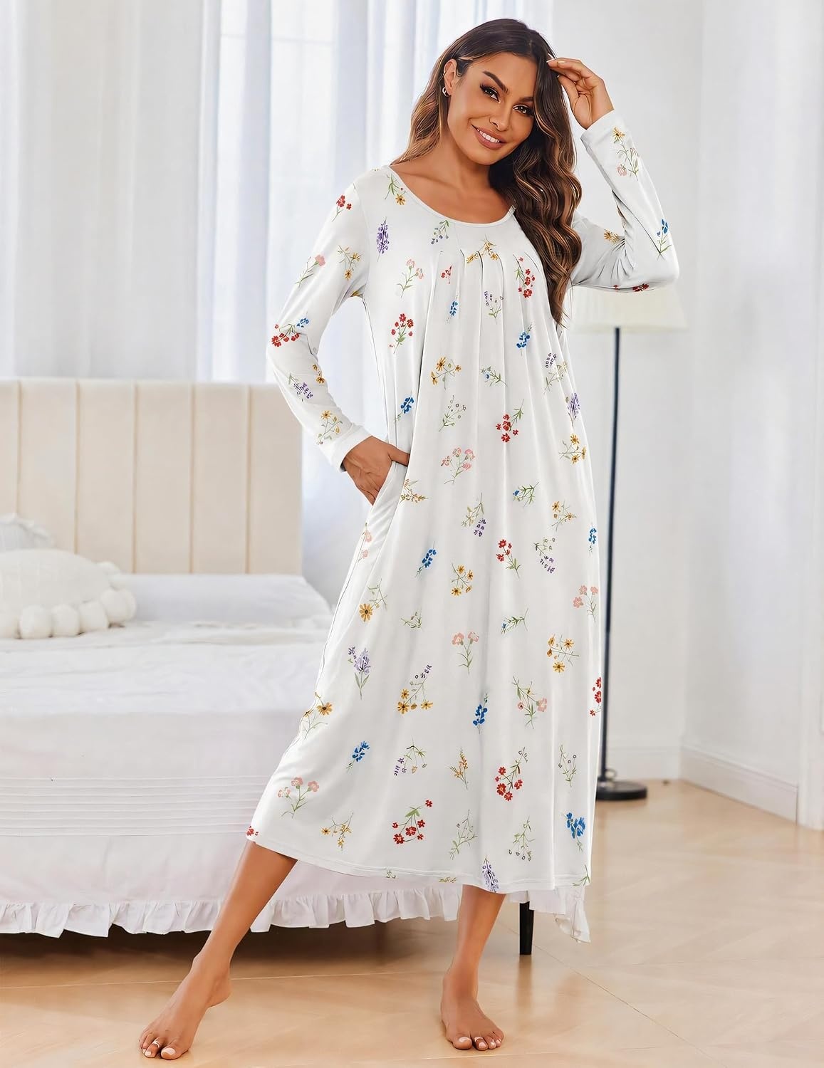image:imageEkouaer Womens Long Sleeve Nightgowns Full Length Sleep Dress SleepshirtsWhite With Floral