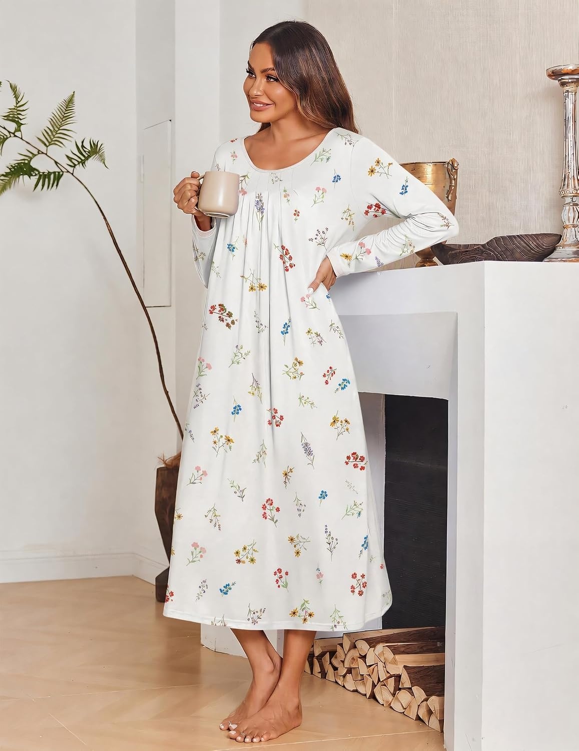 image:imageEkouaer Womens Long Sleeve Nightgowns Full Length Sleep Dress SleepshirtsWhite With Floral
