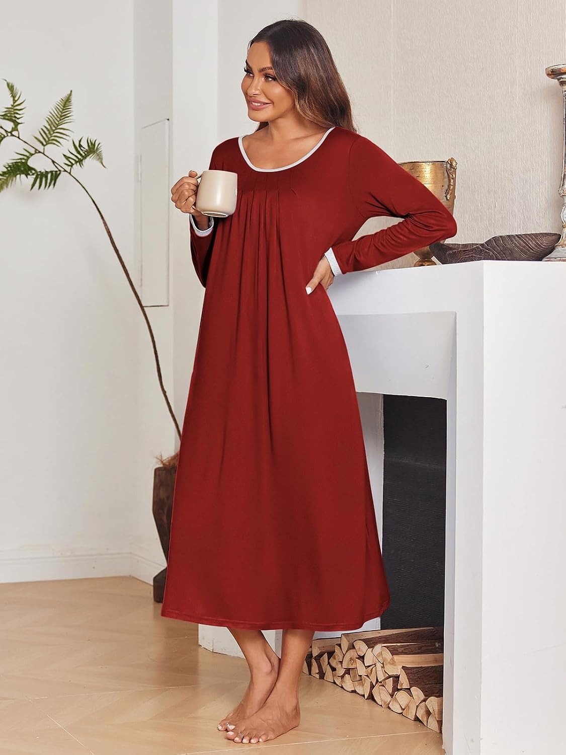 image:imageEkouaer Womens Long Sleeve Nightgowns Full Length Sleep Dress SleepshirtsWine Red
