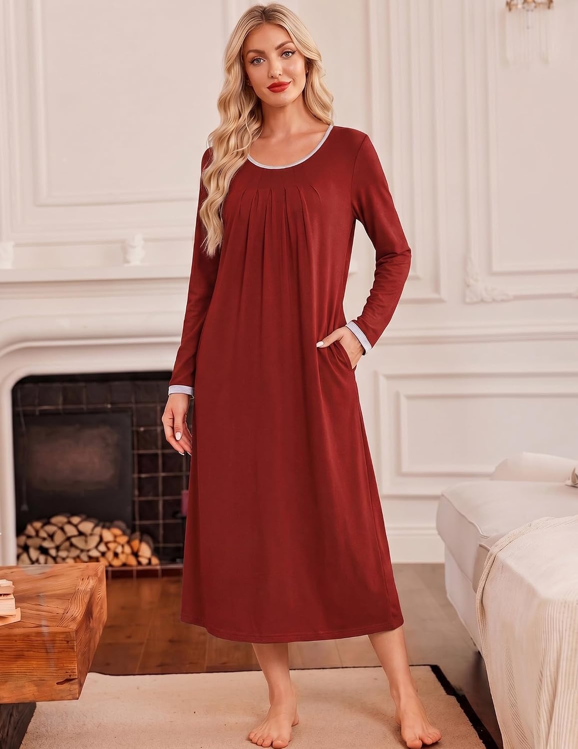 image:imageEkouaer Womens Long Sleeve Nightgowns Full Length Sleep Dress SleepshirtsWine Red