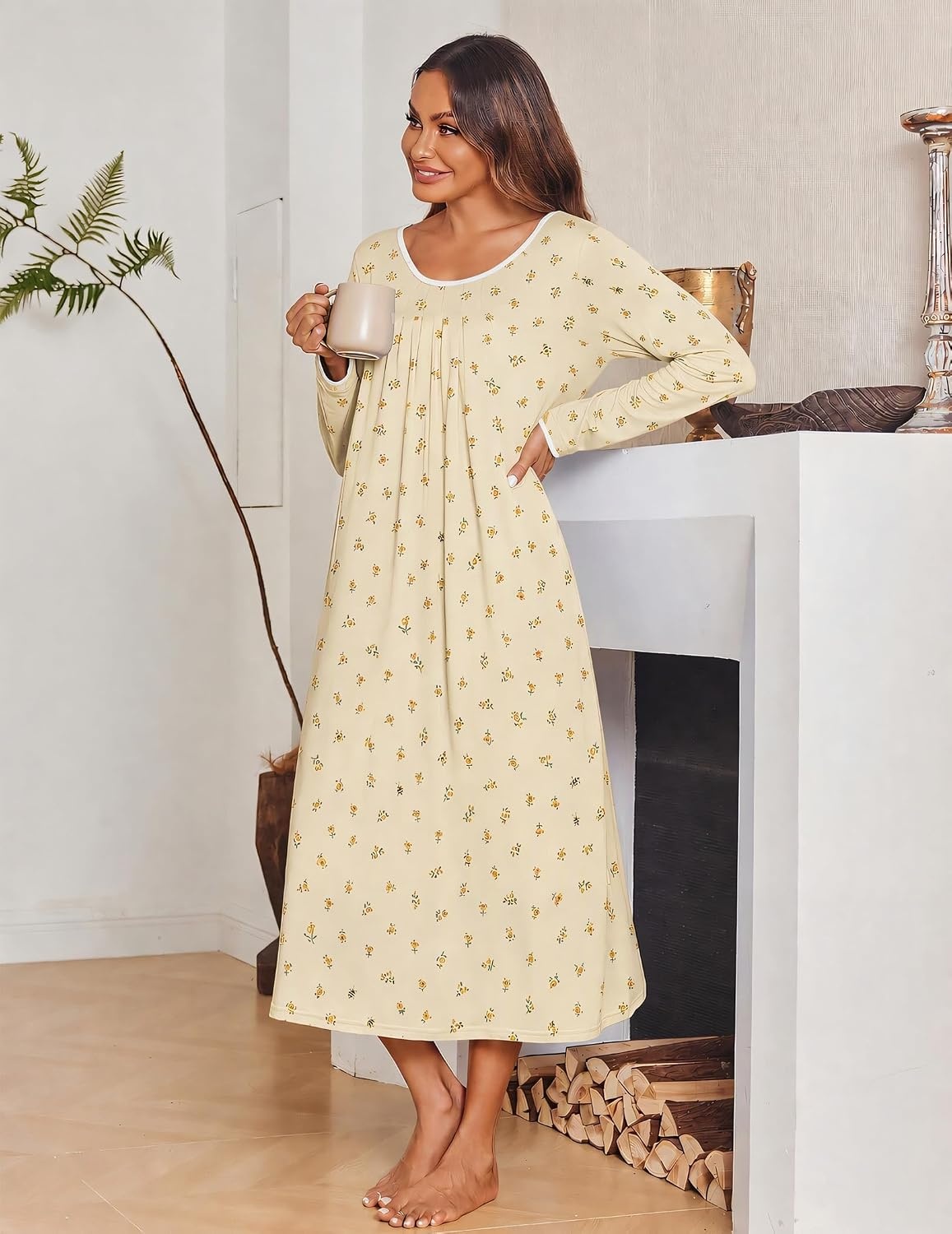 image:imageEkouaer Womens Long Sleeve Nightgowns Full Length Sleep Dress SleepshirtsYellow Floral Bee