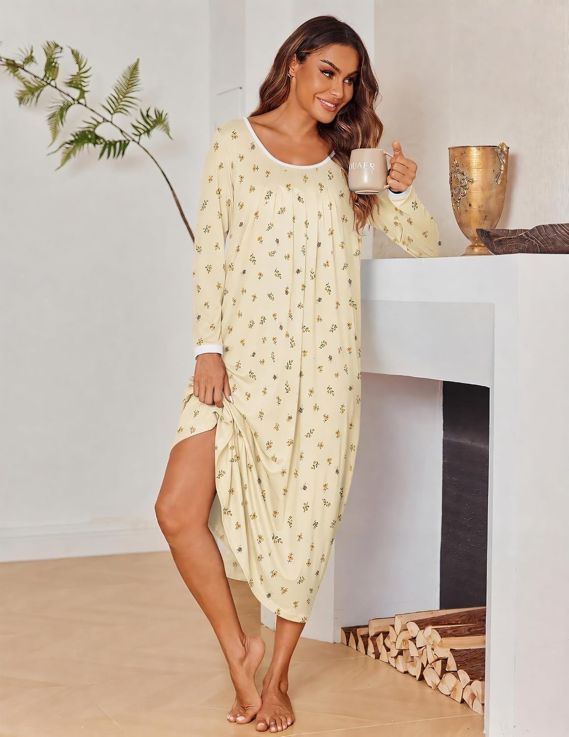 image:imageEkouaer Womens Long Sleeve Nightgowns Full Length Sleep Dress SleepshirtsYellow Floral Bee
