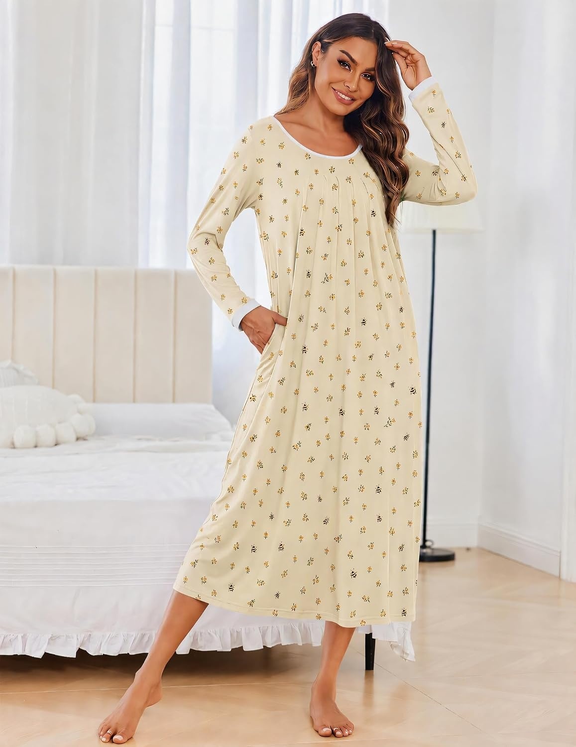 image:imageEkouaer Womens Long Sleeve Nightgowns Full Length Sleep Dress SleepshirtsYellow Floral Bee