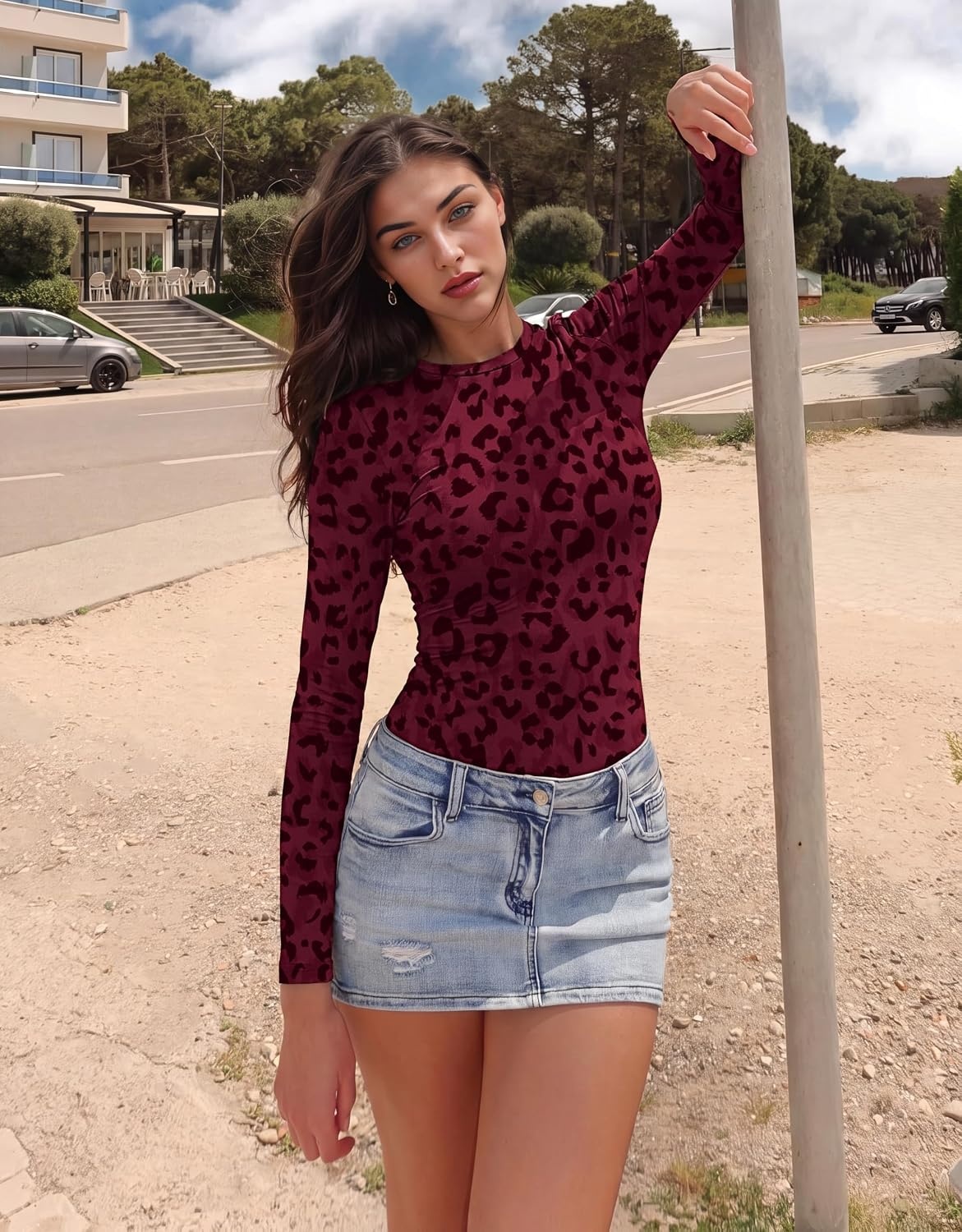 image:imageEkouaer Womens Long Sleeve Shirts Tight Fitted Tops Thermal UnderscrubsWine Red Leopard