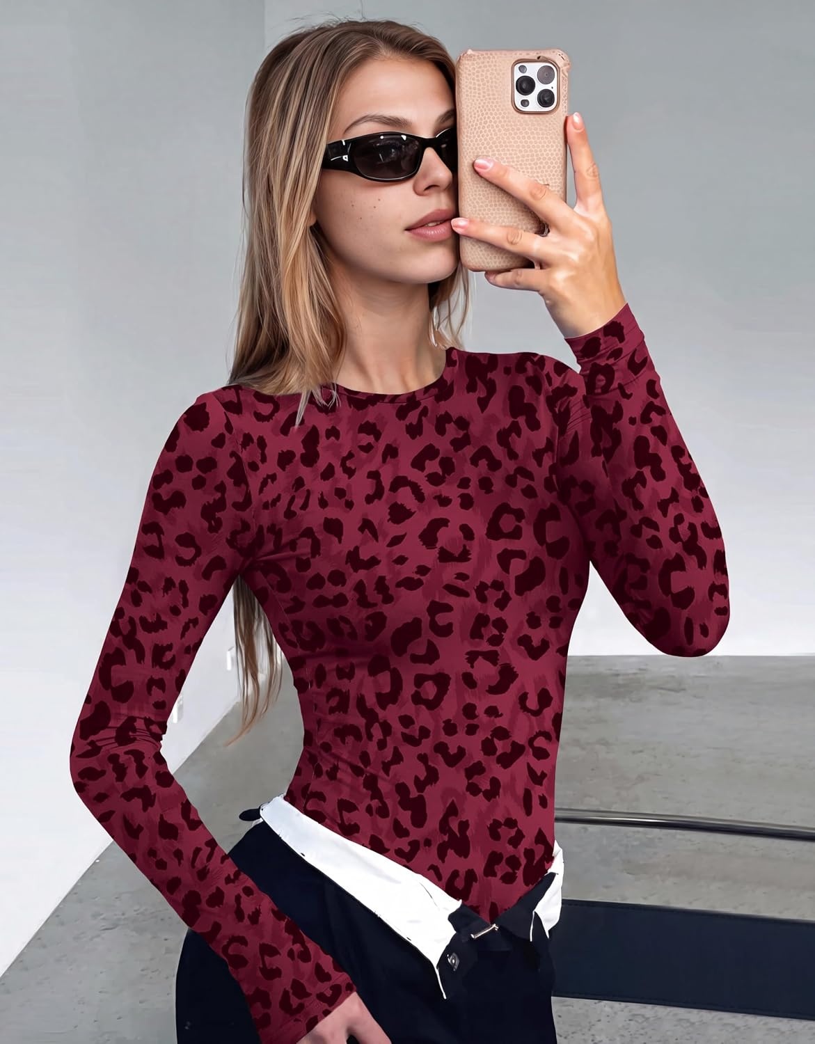 image:imageEkouaer Womens Long Sleeve Shirts Tight Fitted Tops Thermal UnderscrubsWine Red Leopard