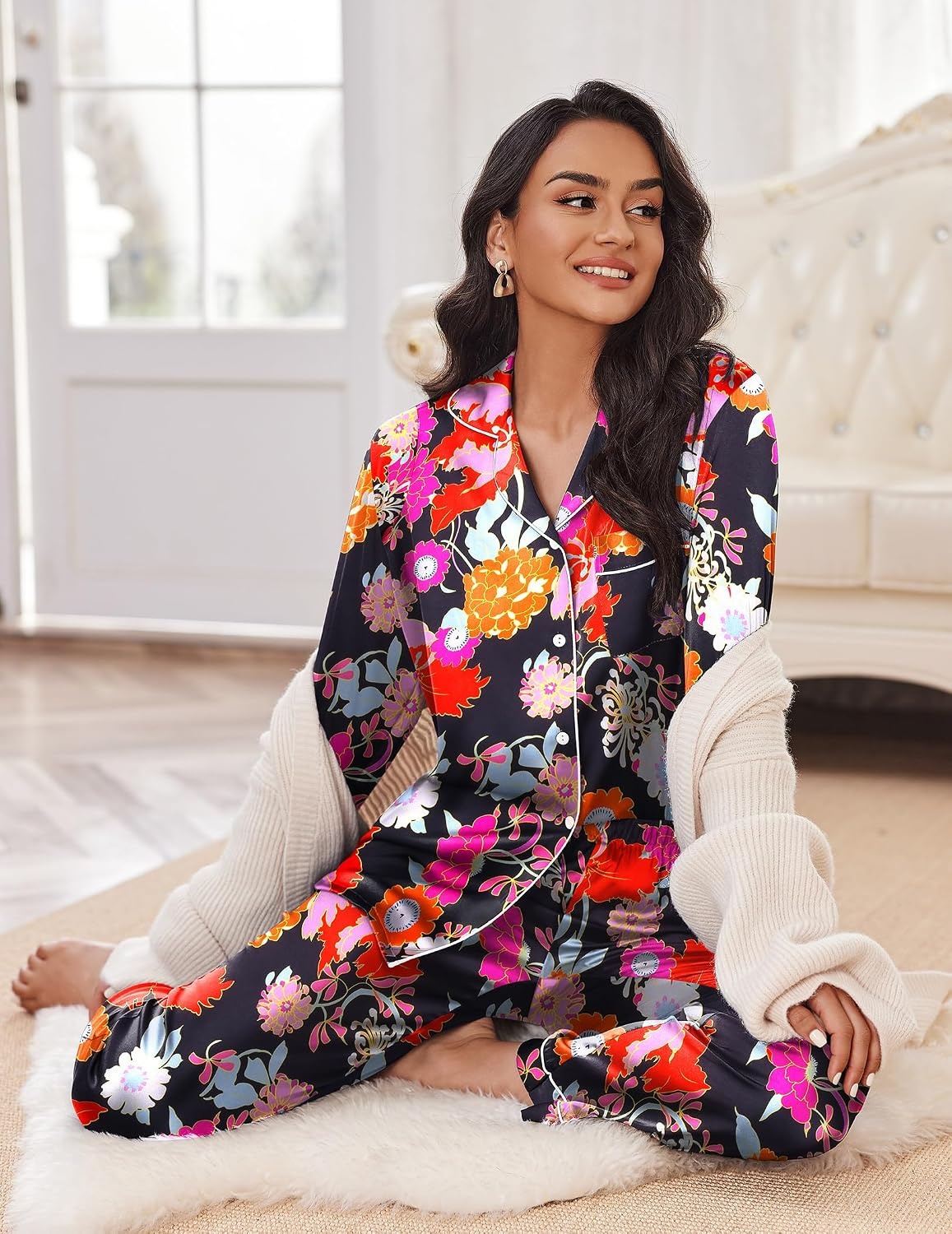 image:imageEkouaer Womens Silk Satin Pajama Set Button Up Long Sleeve Pjs SleepwearBlack With Colorful Floral