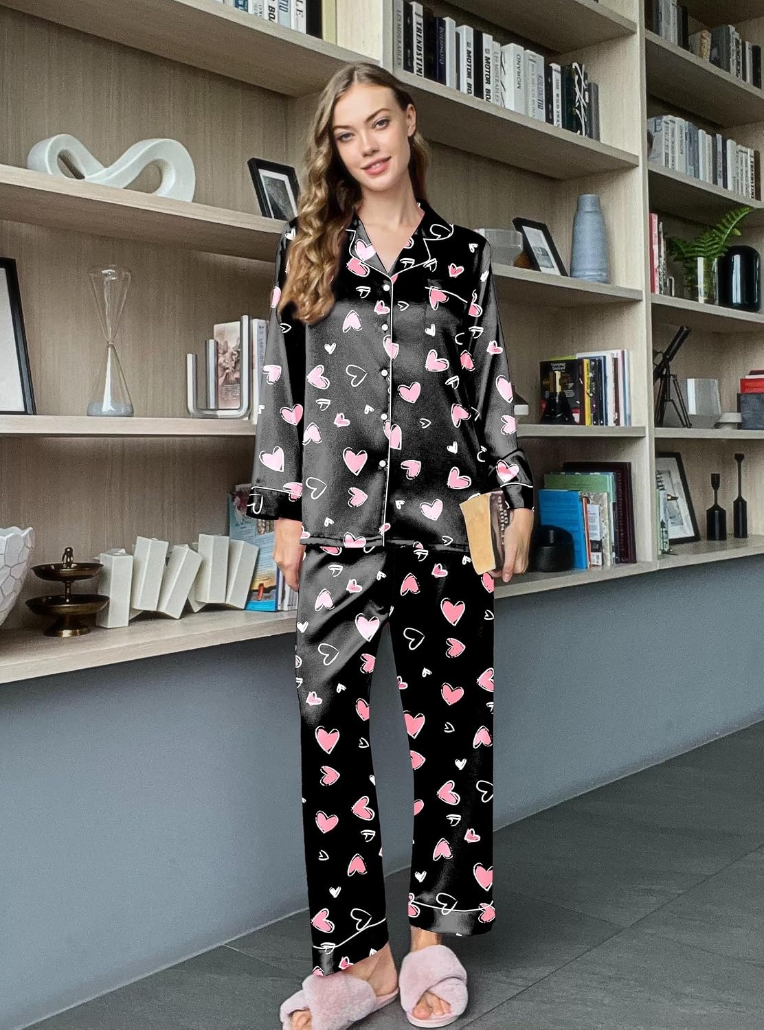 image:imageEkouaer Womens Silk Satin Pajama Set Button Up Long Sleeve Pjs SleepwearBlack With Pink Hearts