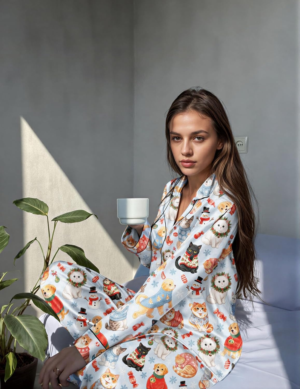 image:imageEkouaer Womens Silk Satin Pajama Set Button Up Long Sleeve Pjs SleepwearBlue Cat Print