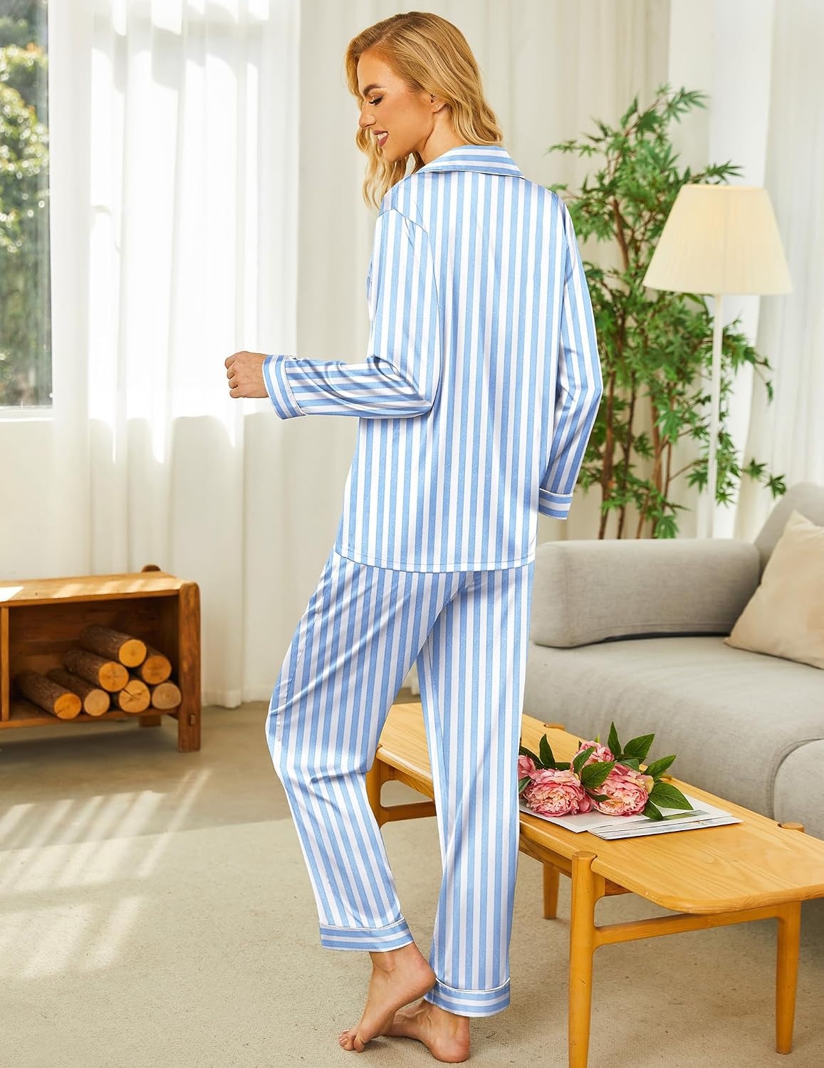 image:imageEkouaer Womens Silk Satin Pajama Set Button Up Long Sleeve Pjs SleepwearBluewhite Stripes