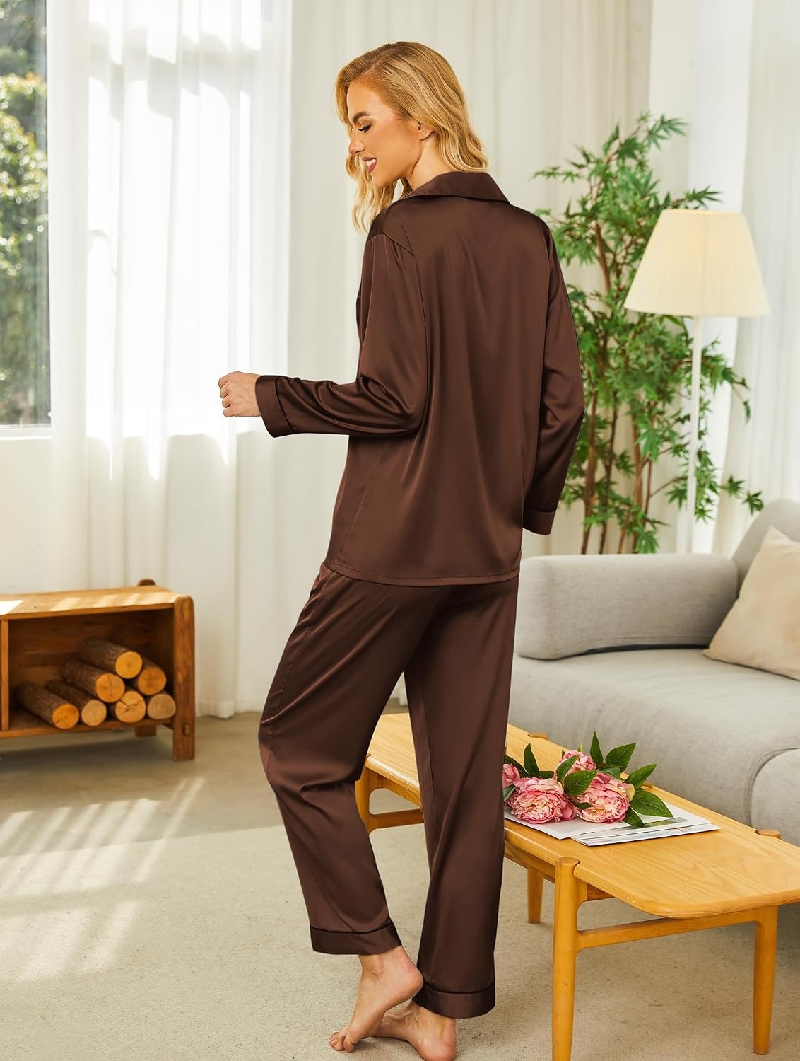 image:imageEkouaer Womens Silk Satin Pajama Set Button Up Long Sleeve Pjs SleepwearBrown