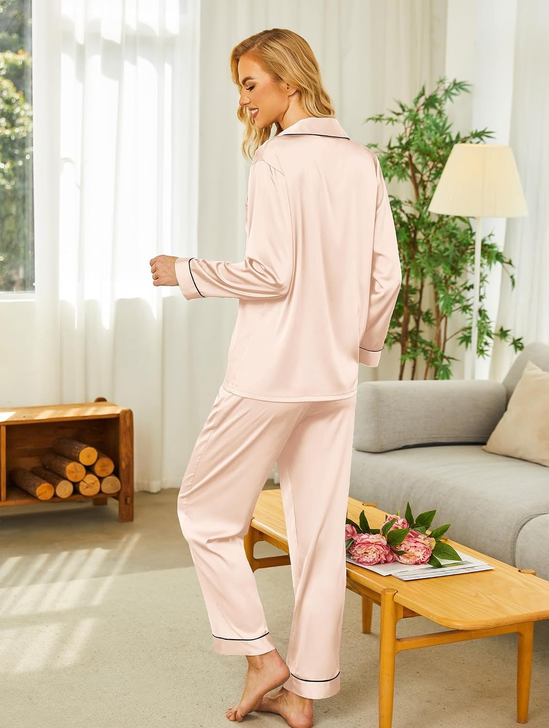 image:imageEkouaer Womens Silk Satin Pajama Set Button Up Long Sleeve Pjs SleepwearChampagne