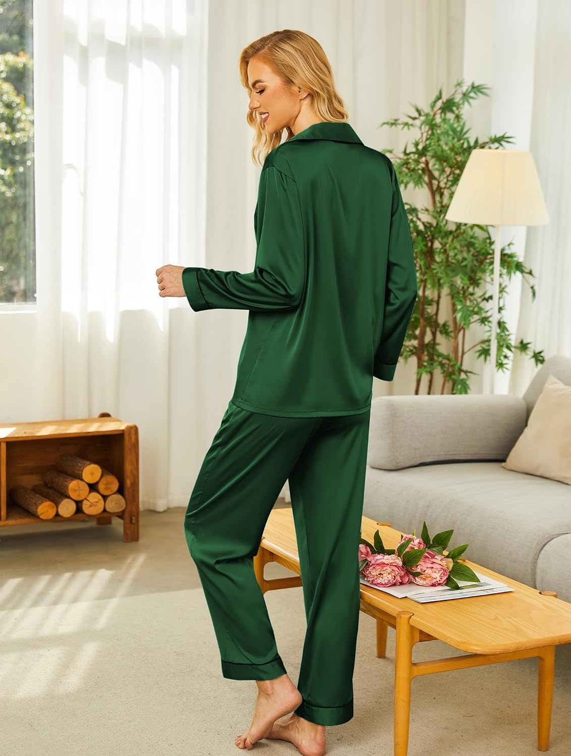 image:imageEkouaer Womens Silk Satin Pajama Set Button Up Long Sleeve Pjs SleepwearDark Green